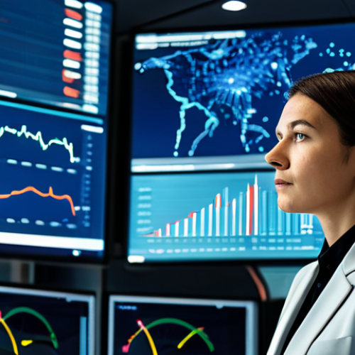 A professional female traffic control expert in a modest business suit, fully clothed, focused on a large multi-screen display showing real-time urban traffic data and AI-generated forecasts in a state-of-the-art control center. Her expression is calm and intelligent, reflecting deep concentration and a blend of human insight with advanced technology. The environment is futuristic and clean, with soft ambient lighting highlighting the intricate data visualizations. The image captures the essence of a modern urban guardian, ensuring smooth traffic flow. safe for work, appropriate content, perfect anatomy, correct proportions, natural pose, well-formed hands, proper finger count, natural body proportions, professional photography, high quality, professional, family-friendly.
