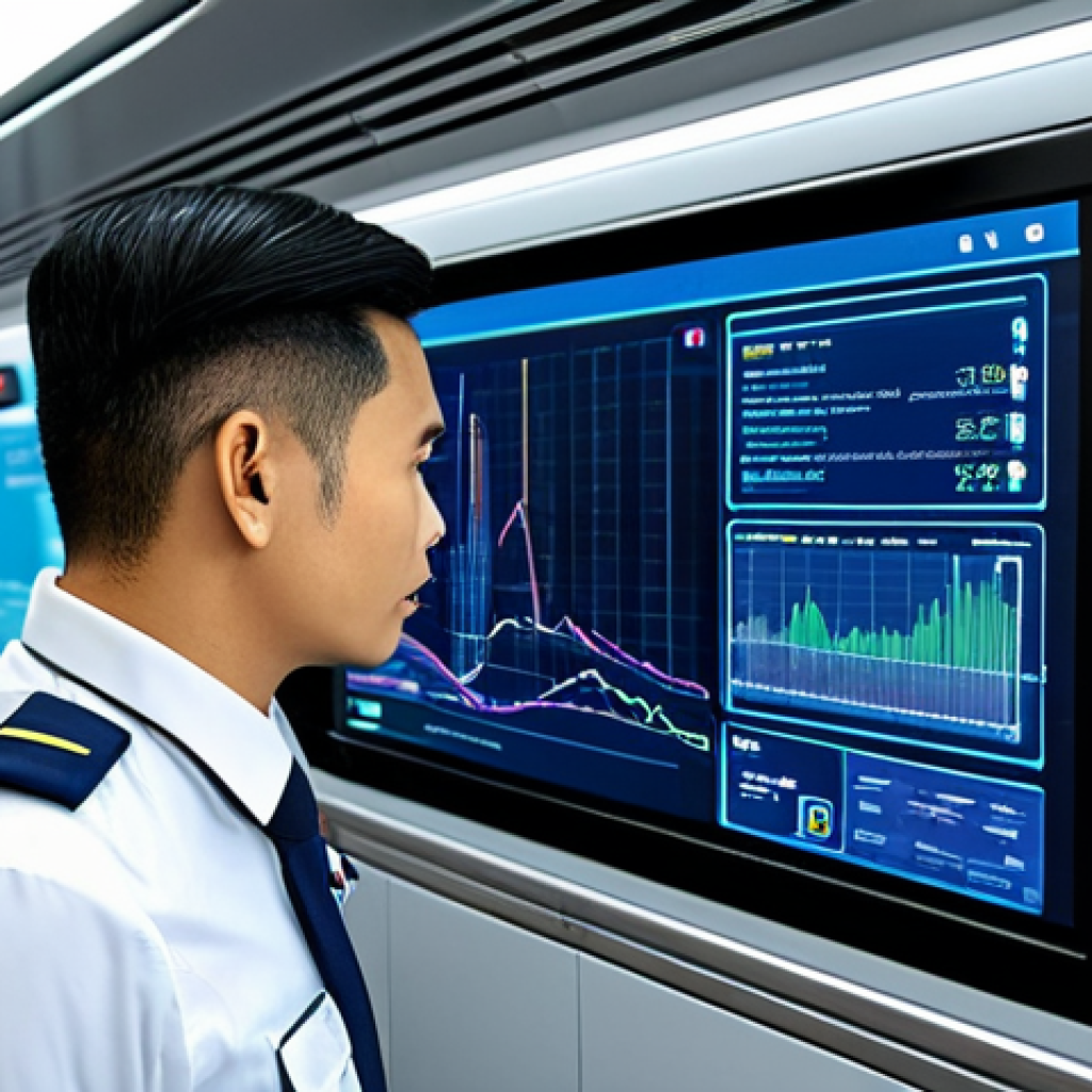 AI-Powered Train Safety**

"A train conductor in uniform, looking attentively at a holographic display showing real-time data analysis of the train's systems. The display features AI-generated alerts and diagnostic information. Modern train interior, daytime, professional setting, fully clothed, appropriate attire, safe for work, perfect anatomy, natural proportions, high quality, family-friendly."

**