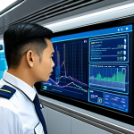 AI-Powered Train Safety**

"A train conductor in uniform, looking attentively at a holographic display showing real-time data analysis of the train's systems. The display features AI-generated alerts and diagnostic information. Modern train interior, daytime, professional setting, fully clothed, appropriate attire, safe for work, perfect anatomy, natural proportions, high quality, family-friendly."

**