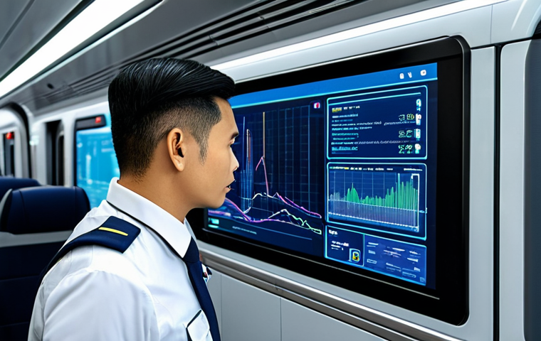 AI-Powered Train Safety**

"A train conductor in uniform, looking attentively at a holographic display showing real-time data analysis of the train's systems. The display features AI-generated alerts and diagnostic information. Modern train interior, daytime, professional setting, fully clothed, appropriate attire, safe for work, perfect anatomy, natural proportions, high quality, family-friendly."

**