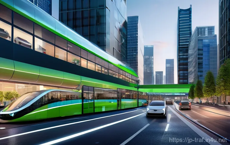 교통직 필기시험 최신 문제 경향 - **Prompt:** A futuristic, bustling smart city at dusk, showcasing advanced AI and autonomous driving...