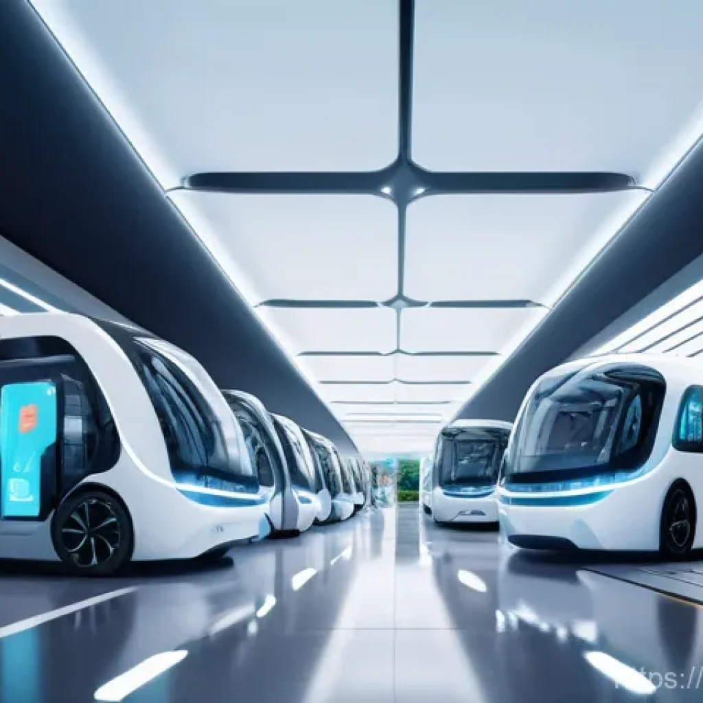 교통직 경력 개발을 위한 자격증 - **Prompt:** A dynamic, futuristic transportation hub at dawn. Sleek, self-driving electric vehicles ...