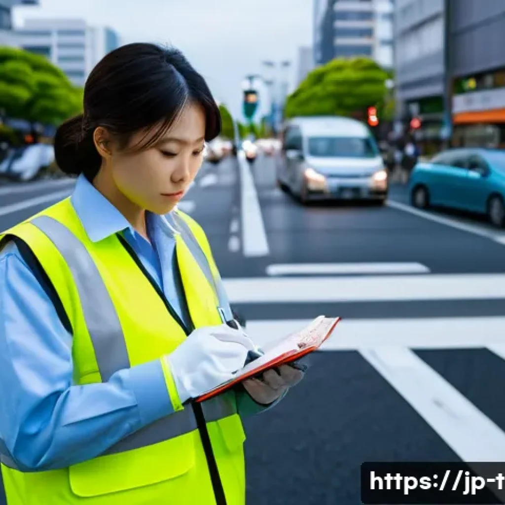 교통관리 업무일지 작성법 - A modern Japanese traffic control officer writing detailed notes in a compact pocket notebook at a b...