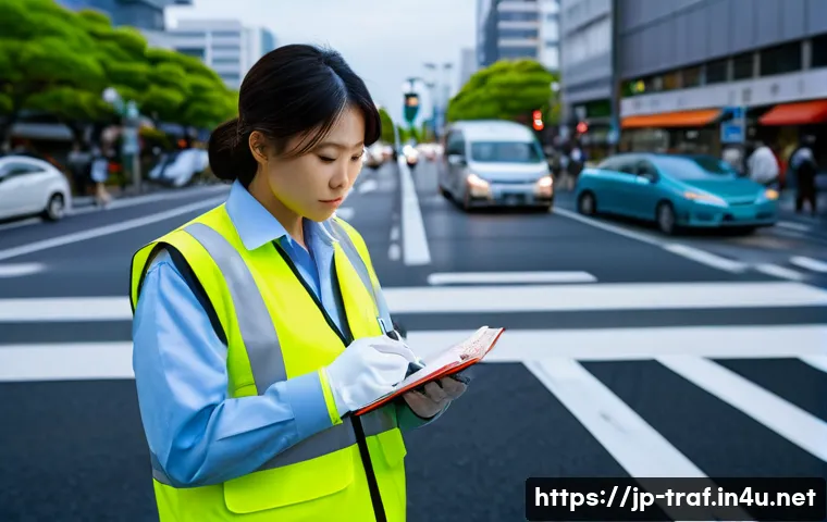교통관리 업무일지 작성법 - A modern Japanese traffic control officer writing detailed notes in a compact pocket notebook at a b...