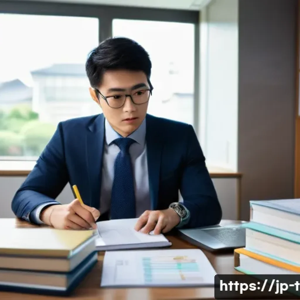교통직 자격증 취득 비용 분석 - A modern Japanese office scene showing a young professional man studying for a transportation indust...
