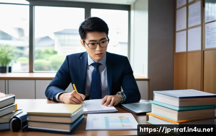 교통직 자격증 취득 비용 분석 - A modern Japanese office scene showing a young professional man studying for a transportation indust...