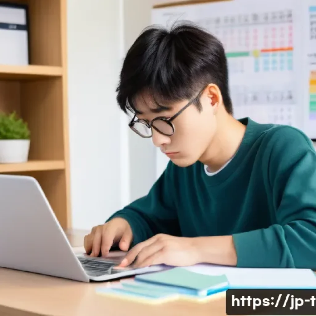교통 자격증 합격 전략 공유 - A focused Japanese young adult studying diligently at a clean, modern desk in a bright room with nat...
