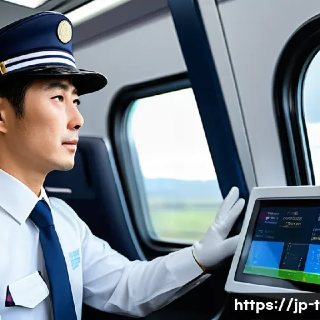 교통직 커리어 패스와 자격증의 연결성 - A professional Japanese railway driver in a modern train cabin, wearing a clean uniform with a cap a...