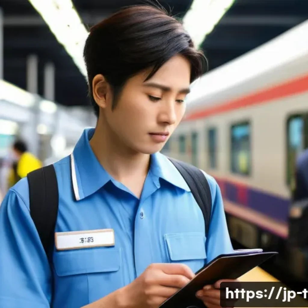 교통직 취업 후 적응기 - A young Japanese transit worker on their first day, nervously adjusting a modern train station unifo...
