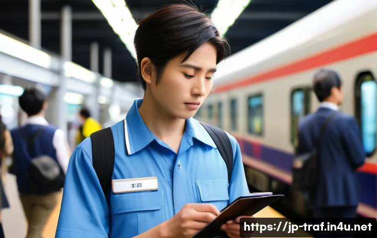 교통직 취업 후 적응기 - A young Japanese transit worker on their first day, nervously adjusting a modern train station unifo...