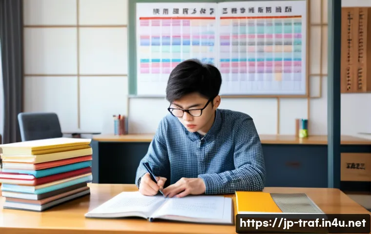 교통직 공무원 필기시험 대비 자료 - A focused Japanese student in a modern study room, sitting at a tidy wooden desk with neatly organiz...