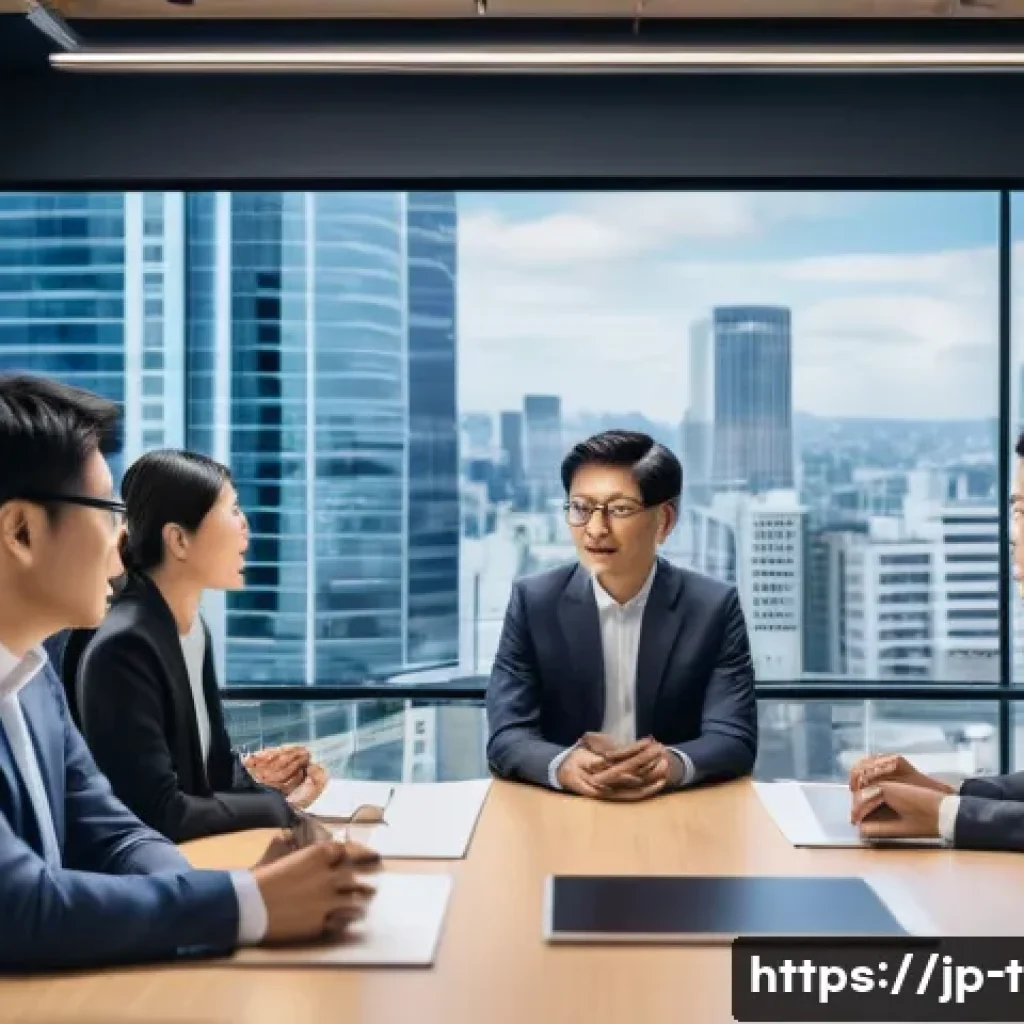 교통업계 경력 관리 - A modern Japanese office scene showing a diverse group of professionals in their 30s to 40s engaged ...