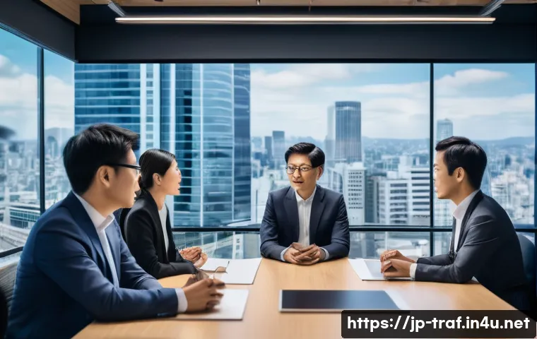 교통업계 경력 관리 - A modern Japanese office scene showing a diverse group of professionals in their 30s to 40s engaged ...