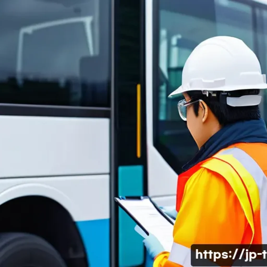 교통업계 이직 과정에서의 주의점 - A professional transportation industry worker conducting a detailed safety inspection of a modern bu...