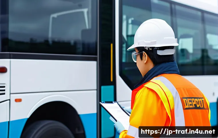 교통업계 이직 과정에서의 주의점 - A professional transportation industry worker conducting a detailed safety inspection of a modern bu...