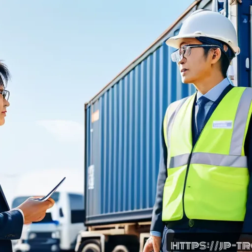교통 관련 자격증 최신 소식 - A modern Japanese logistics warehouse scene with professional drivers and managers discussing transp...