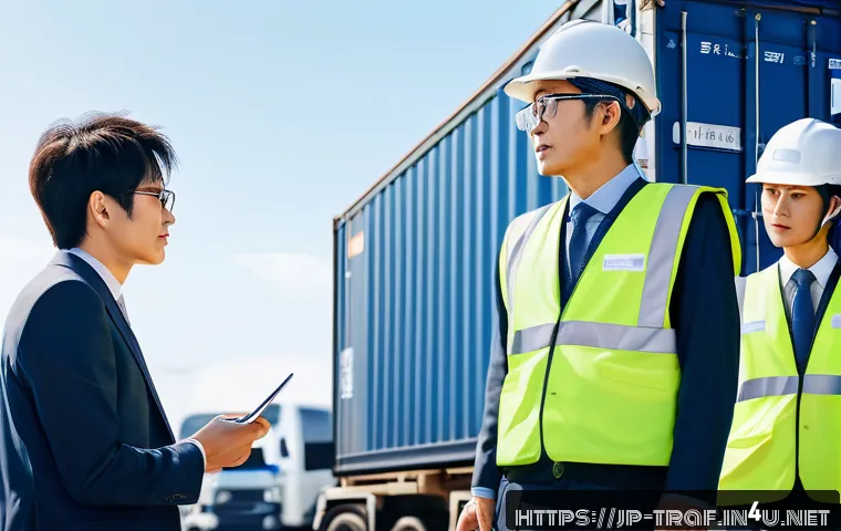 교통 관련 자격증 최신 소식 - A modern Japanese logistics warehouse scene with professional drivers and managers discussing transp...