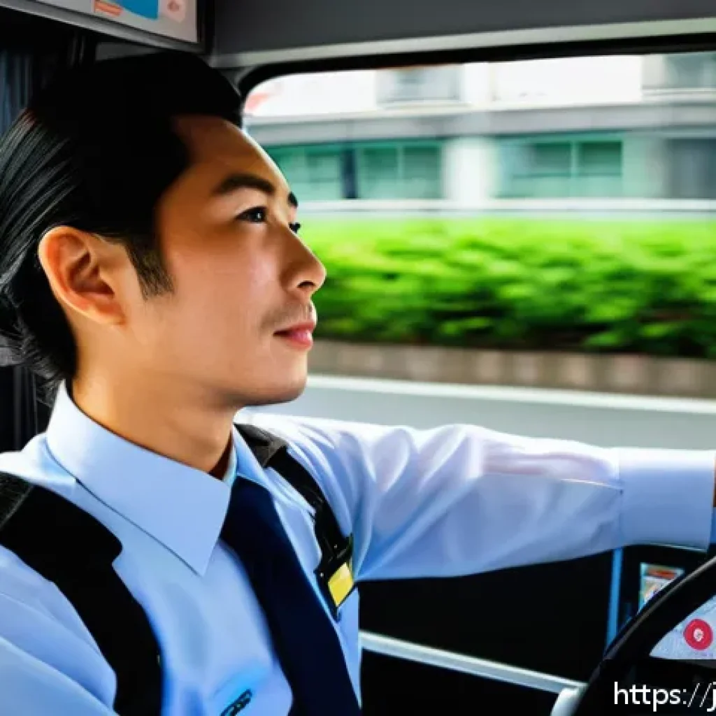 교통직 경력자의 자격증 활용 사례 - A professional Japanese bus driver wearing a neat uniform and a visible safety badge, confidently ma...