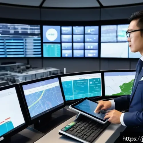 교통업계 자격증과 글로벌 경쟁력 - A professional Japanese transportation manager in a modern control room, surrounded by multiple larg...