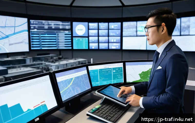 교통업계 자격증과 글로벌 경쟁력 - A professional Japanese transportation manager in a modern control room, surrounded by multiple larg...