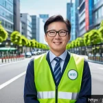 교통직 자격증과 미래 산업의 연결성 - A professional Japanese traffic safety instructor wearing smart business attire and a visible name b...