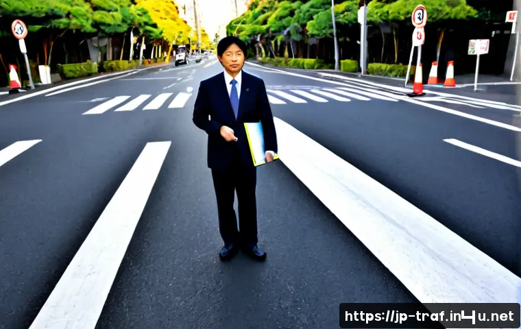 교통안전 전문가 자격증 활용법 - Photorealistic Japanese traffic safety specialist in a neat business suit conducting a road safety i...