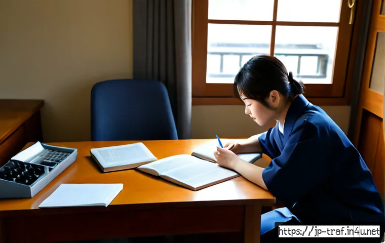 교통직 자격증 학습법과 합격률 - Photorealistic Japanese transportation civil service exam candidate studying at a tidy home desk, fo...
